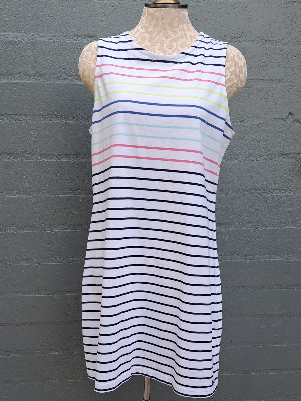 Vineyard Vines White Tank Dress with Navy and Pastel Stripes